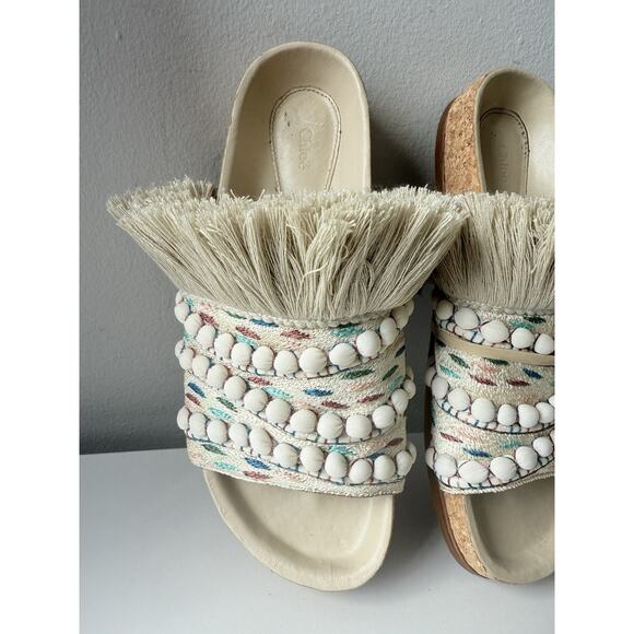 Chloé Nolan Tapestry Fringe Slides Sandals Size 36 Beige Boho Raffia Beaded Trim - Picture 2 of 14